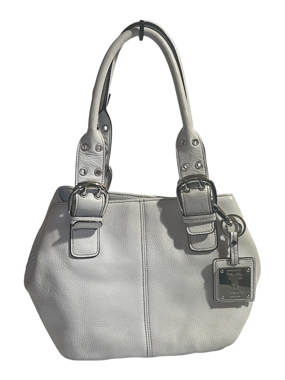 Tignanello White Pebbled Leather Shoulder Bag Silver Buckle Detail Y2K